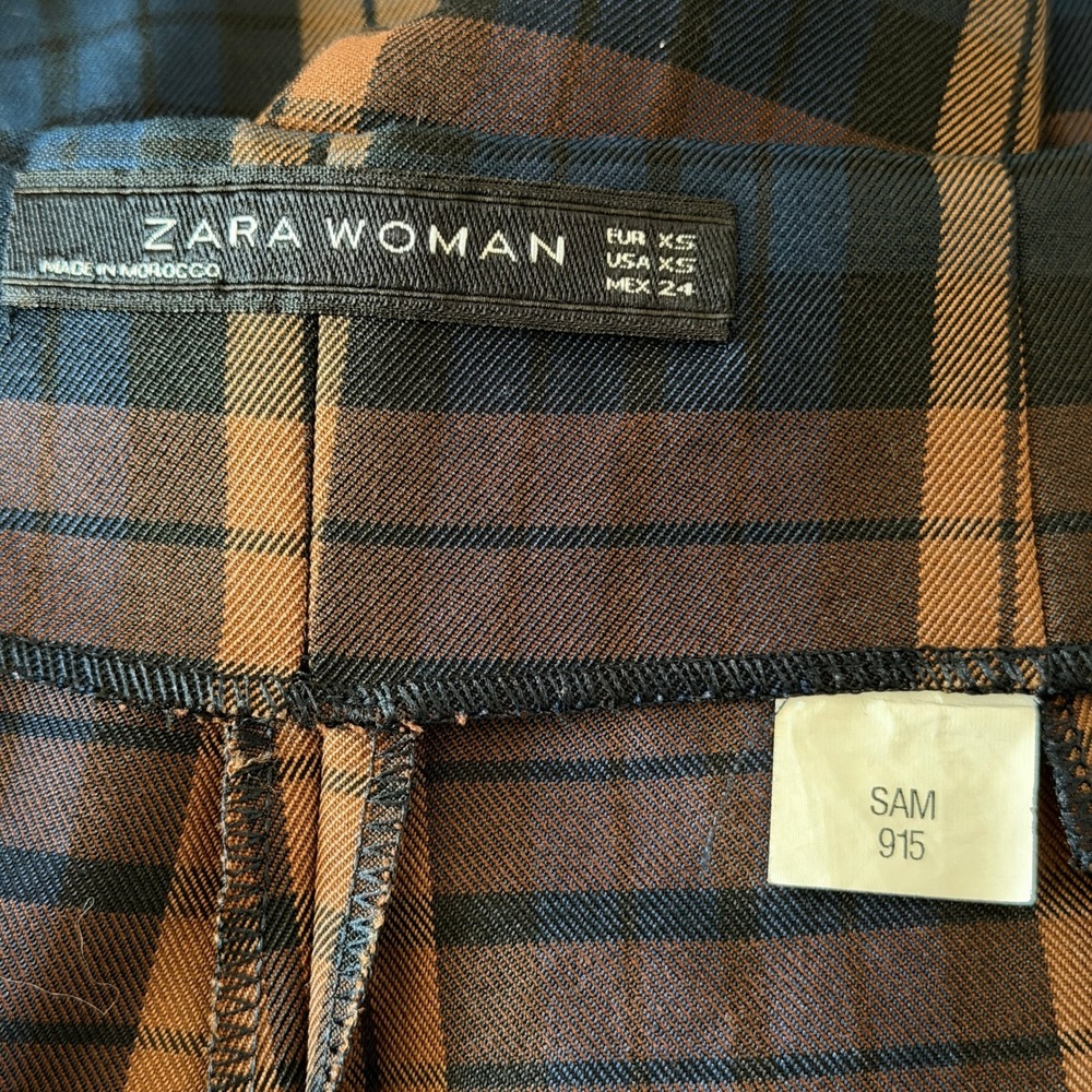 Zara Woman Plaid Wide Leg Pants Brown Blue High Waisted Cuffed Trousers XS - Picture 5 of 7